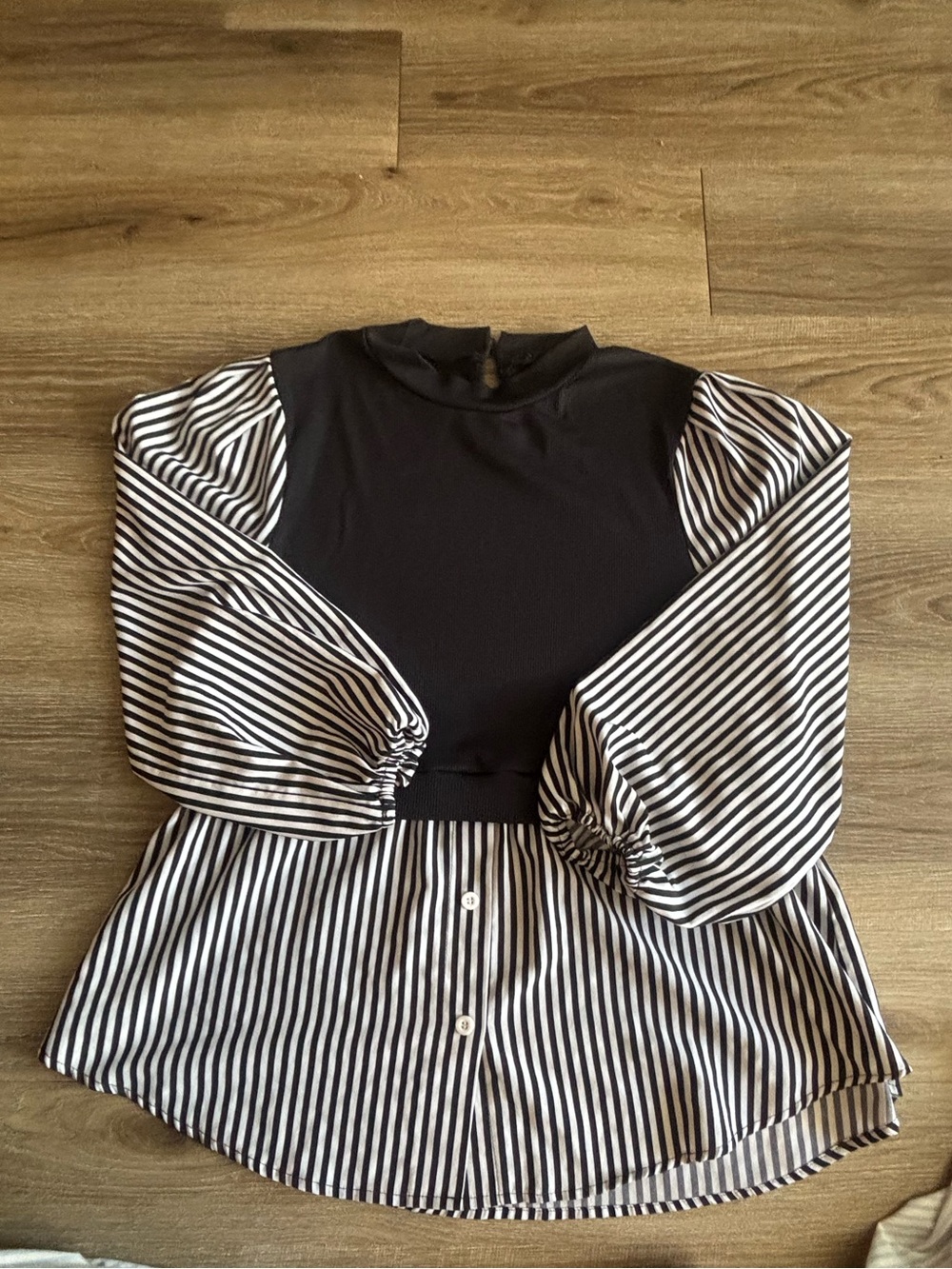 Black & White Striped Mixed-Media Puff-Sleeve Blouse